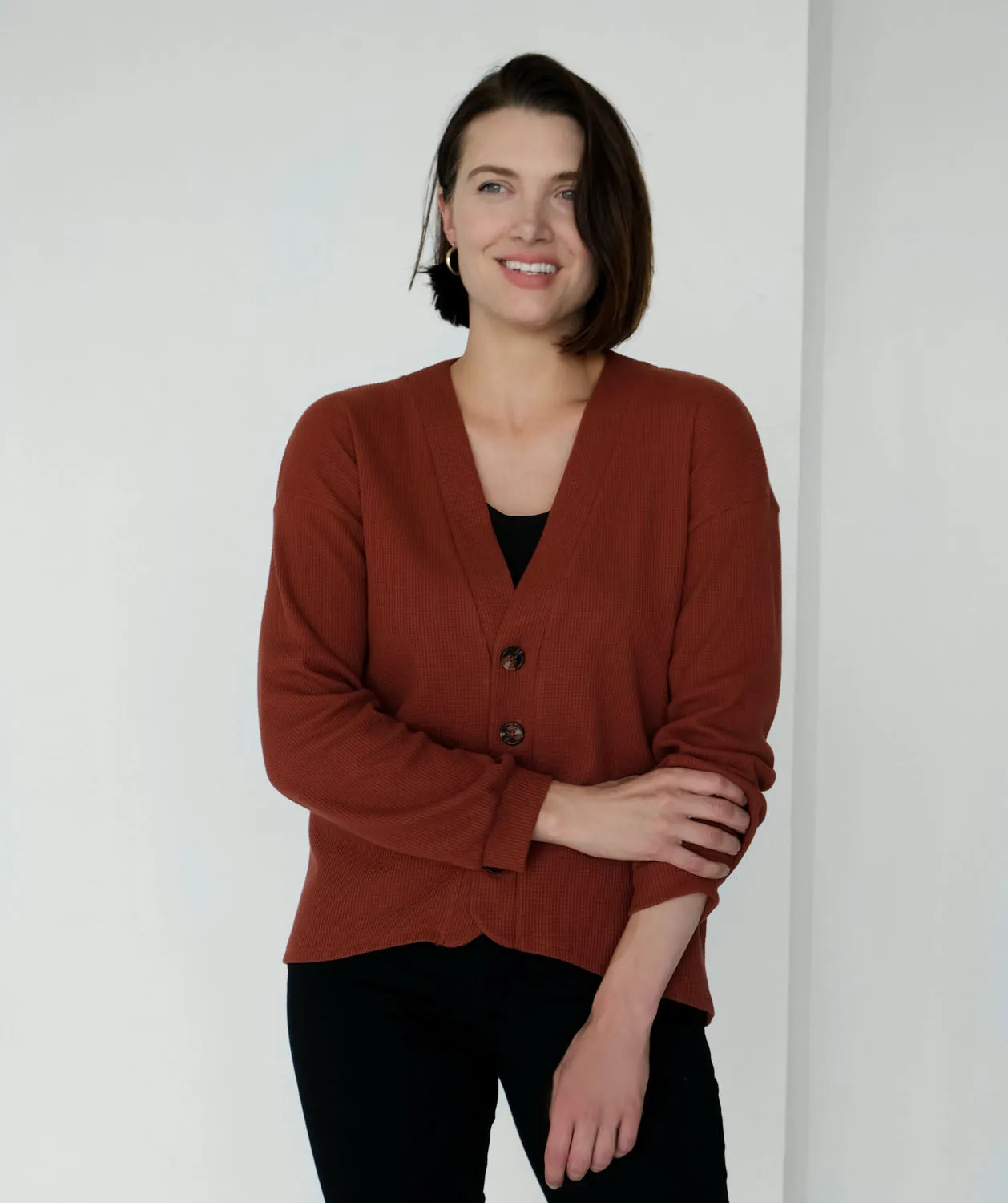 TORA waffle knit cardigan in Henna