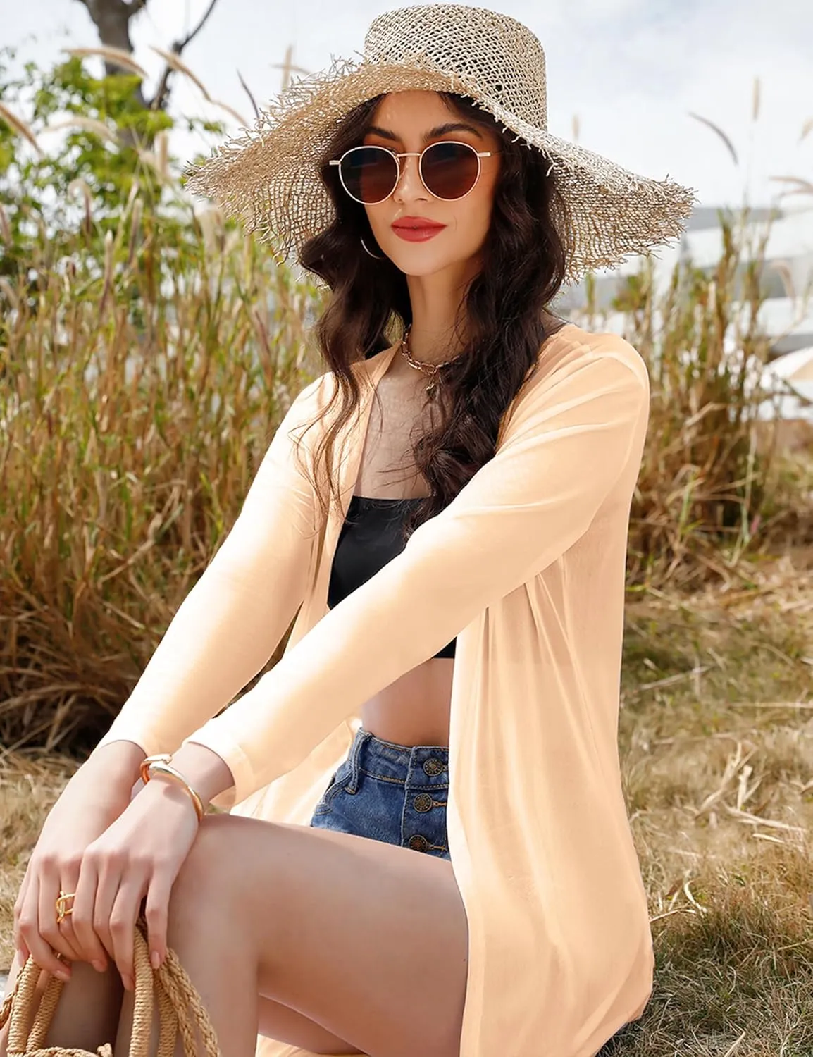 Totatuit Long Summer Cardigan for Women Lightweight Open Front Tops Solid Duster Swimwear Beach Cover Up