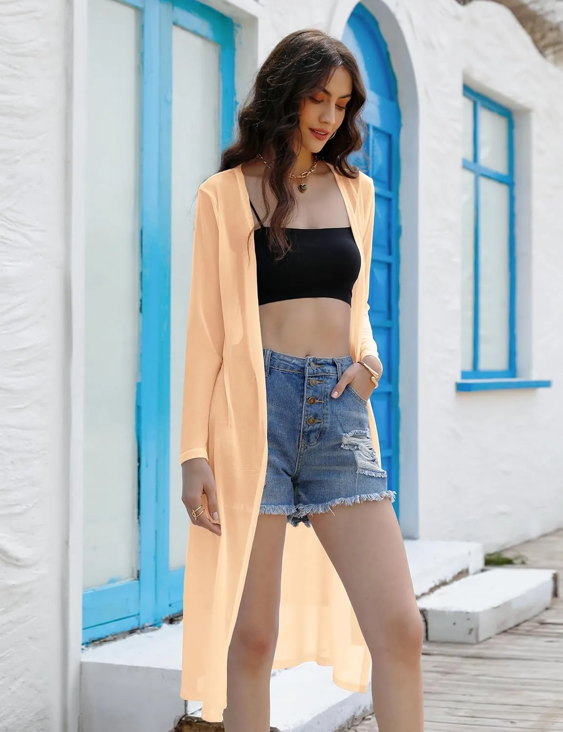 Totatuit Long Summer Cardigan for Women Lightweight Open Front Tops Solid Duster Swimwear Beach Cover Up