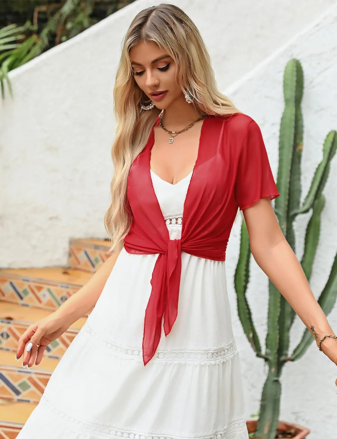 Totatuit Women's Y2K Tie Front Shrugs Sheer Bolero Cropped Cardigan Short Sleeve Lightweight Tops