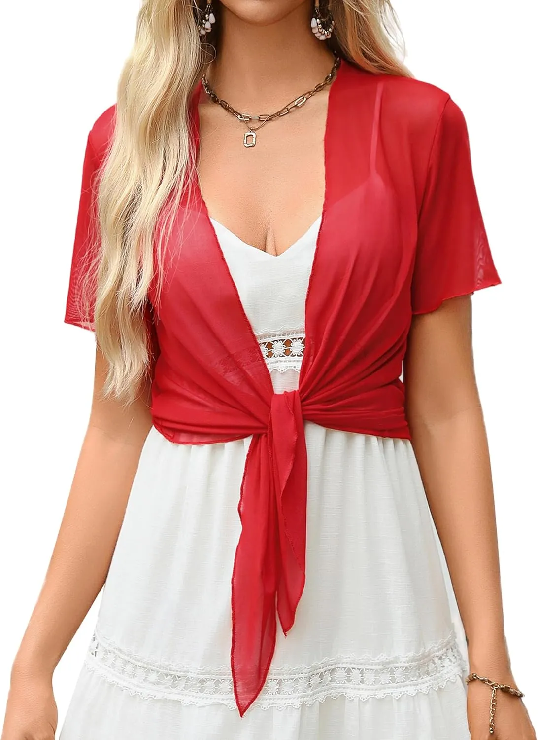 Totatuit Women's Y2K Tie Front Shrugs Sheer Bolero Cropped Cardigan Short Sleeve Lightweight Tops