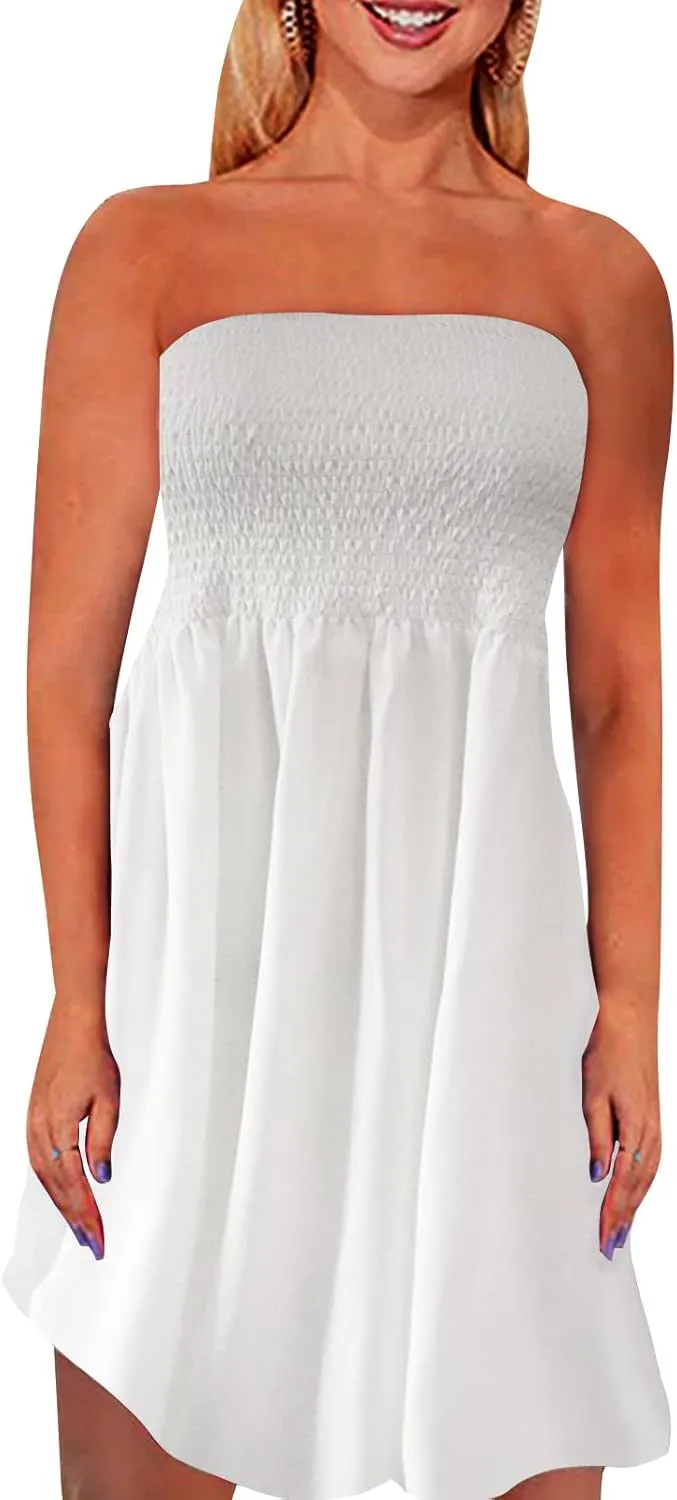 Tube Top Dress Boho Floral Beach Smocked Sundress Strapless Dress for Women Summer