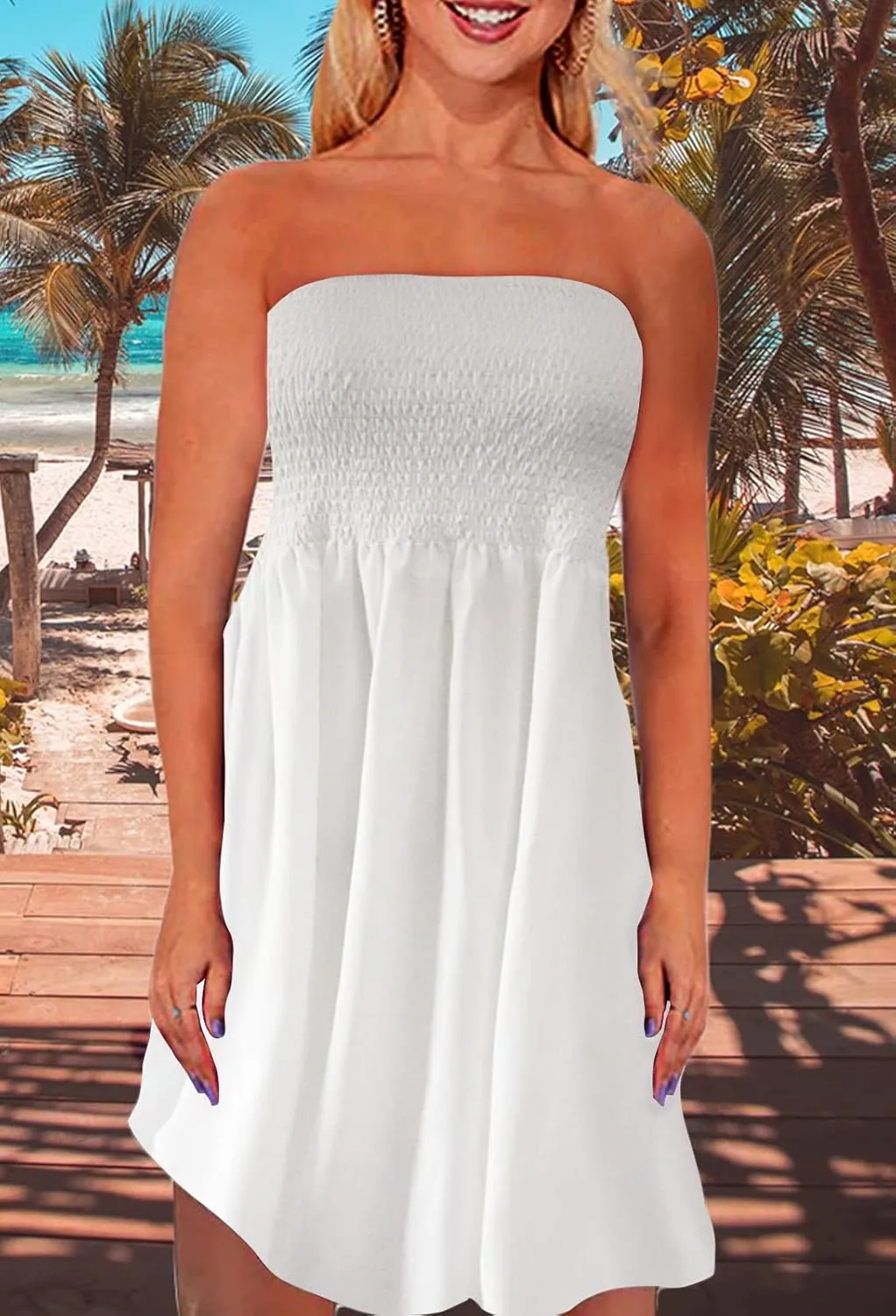 Tube Top Dress Boho Floral Beach Smocked Sundress Strapless Dress for Women Summer