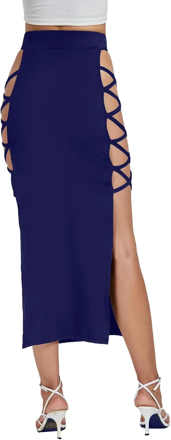Umenlele Women's Sexy Split Thigh Cut Out Lace Up Side High Waist Midi Skirt