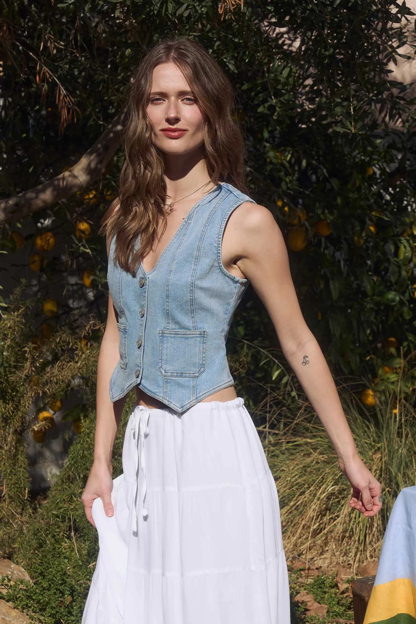 V NECK BUTTON DOWN DENIM VEST (PRE-ORDER)