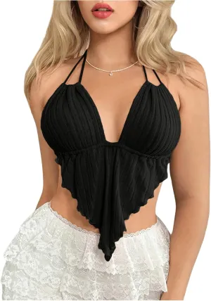 Verdusa Women's Sexy Leopard Print Deep V Halter Crop Tops Ruffle Going Out Top Party Clubwear