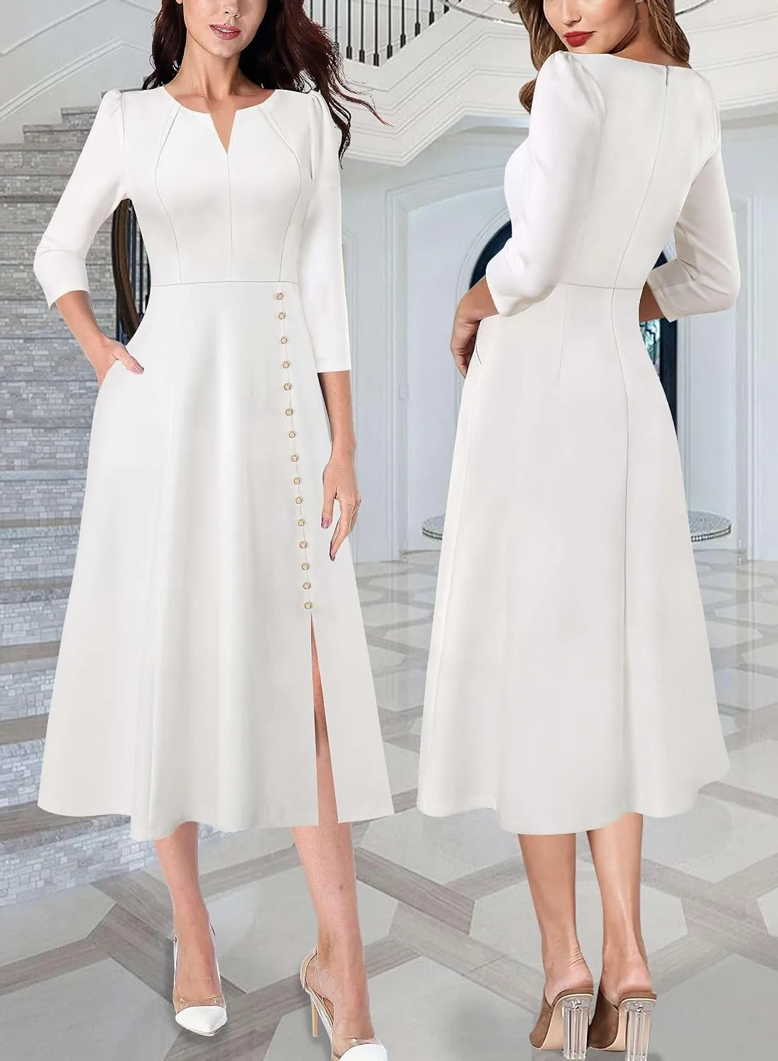VFSHOW Womens Pleated Notch Neck Front Slit Buttons Pockets Office Business Work Slim Fit A-line Fit and Flare Midi Dress