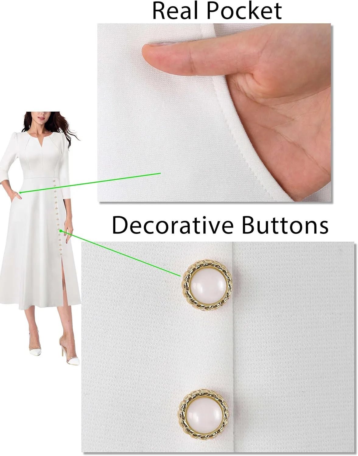 VFSHOW Womens Pleated Notch Neck Front Slit Buttons Pockets Office Business Work Slim Fit A-line Fit and Flare Midi Dress
