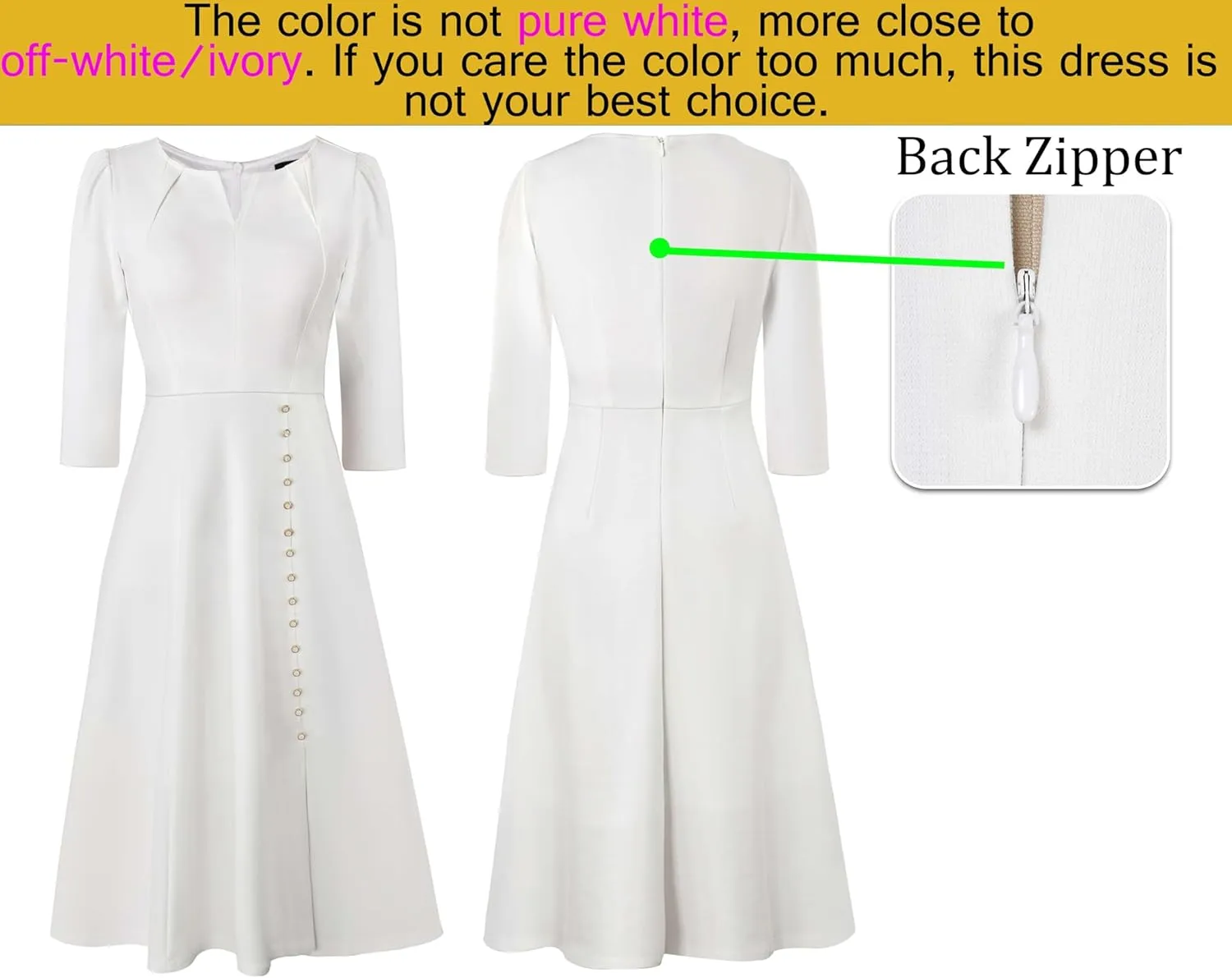 VFSHOW Womens Pleated Notch Neck Front Slit Buttons Pockets Office Business Work Slim Fit A-line Fit and Flare Midi Dress