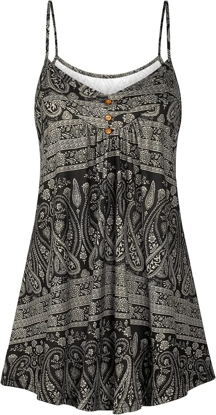 Viracy Women's Summer Button V Neck Pleated Spaghetti Strap Camisole Tank Tops (M-3XL)