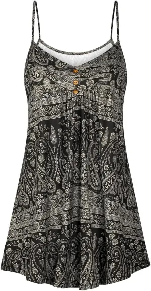 Viracy Women's Summer Button V Neck Pleated Spaghetti Strap Camisole Tank Tops (M-3XL)