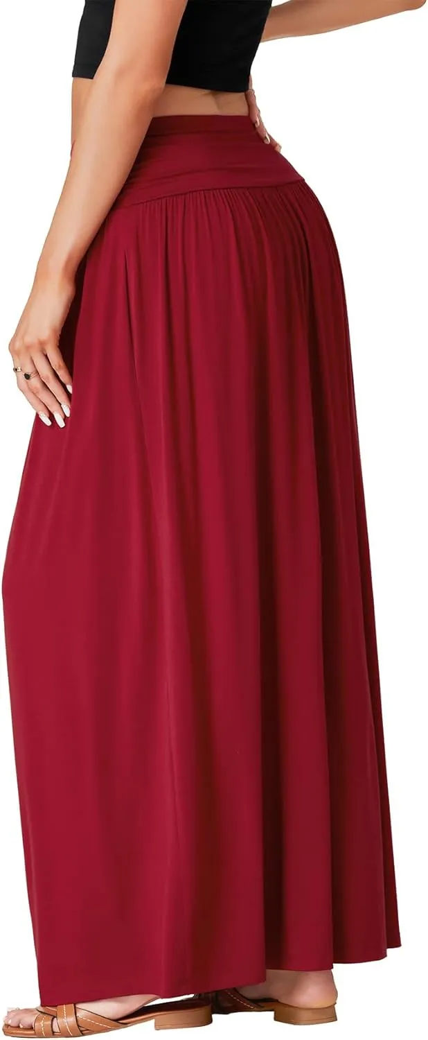 Vrtige Women's Casual Elastic High Waist Flowy A Line Long Maxi Skirt with Pocket