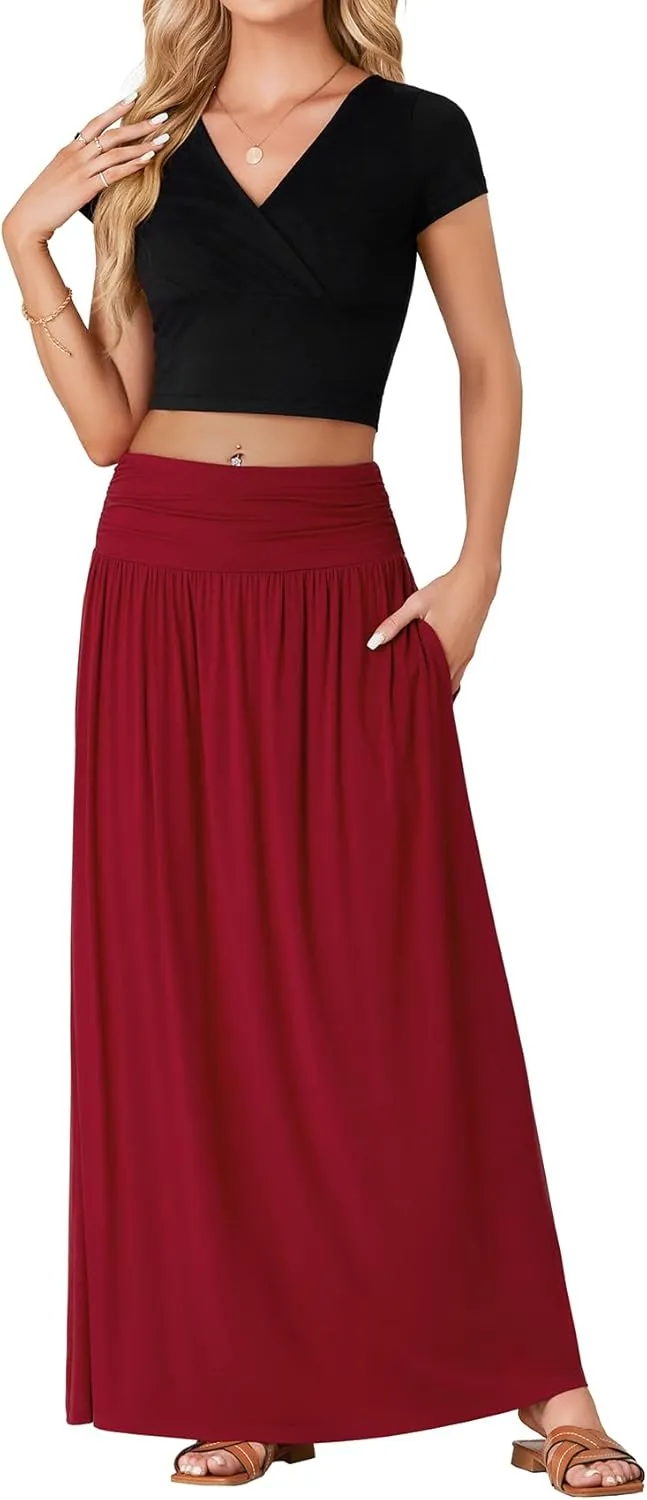 Vrtige Women's Casual Elastic High Waist Flowy A Line Long Maxi Skirt with Pocket