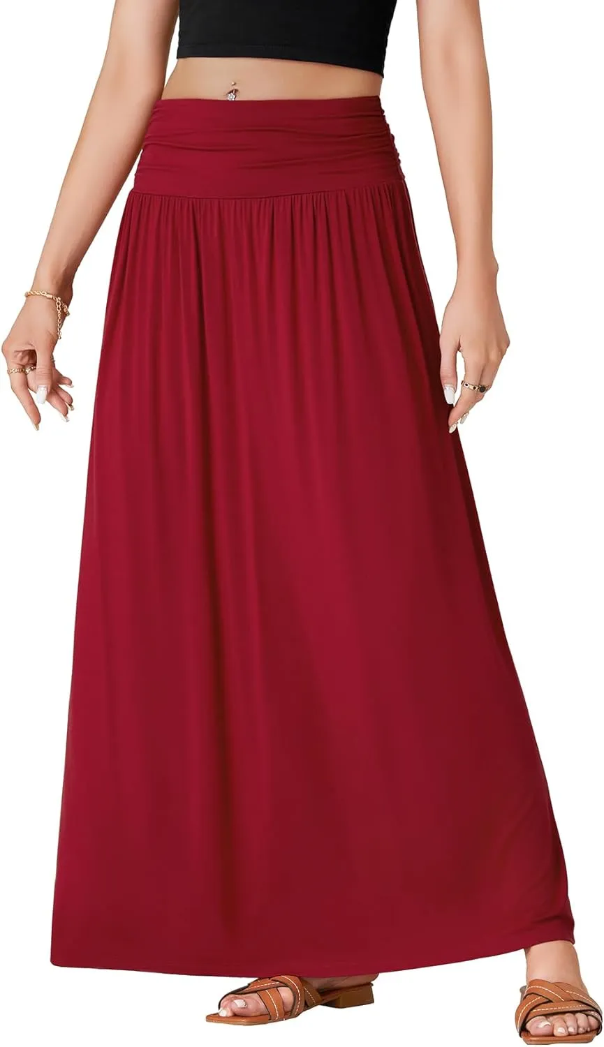Vrtige Women's Casual Elastic High Waist Flowy A Line Long Maxi Skirt with Pocket