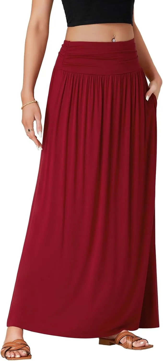 Vrtige Women's Casual Elastic High Waist Flowy A Line Long Maxi Skirt with Pocket