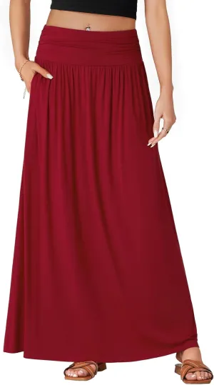 Vrtige Women's Casual Elastic High Waist Flowy A Line Long Maxi Skirt with Pocket