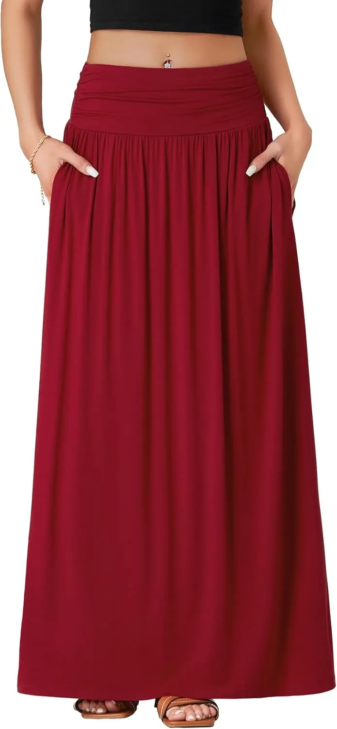 Vrtige Women's Casual Elastic High Waist Flowy A Line Long Maxi Skirt with Pocket