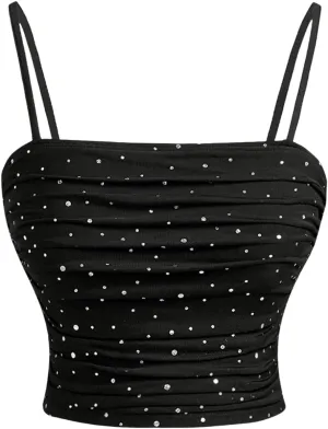 WDIRARA Women's Rhinestone Sequin Ruched Cami Top Spaghetti Strap Sleeveless Camisole Party Crop Tops