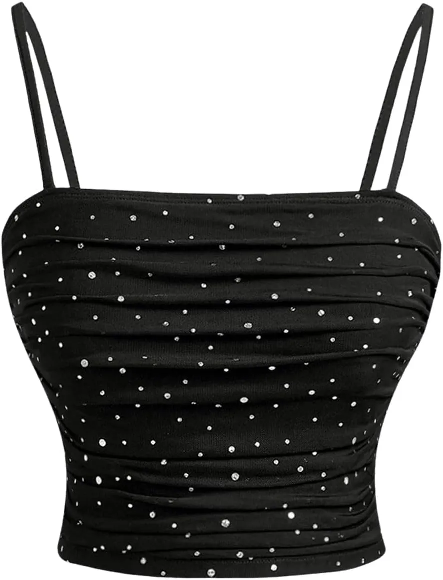 WDIRARA Women's Rhinestone Sequin Ruched Cami Top Spaghetti Strap Sleeveless Camisole Party Crop Tops