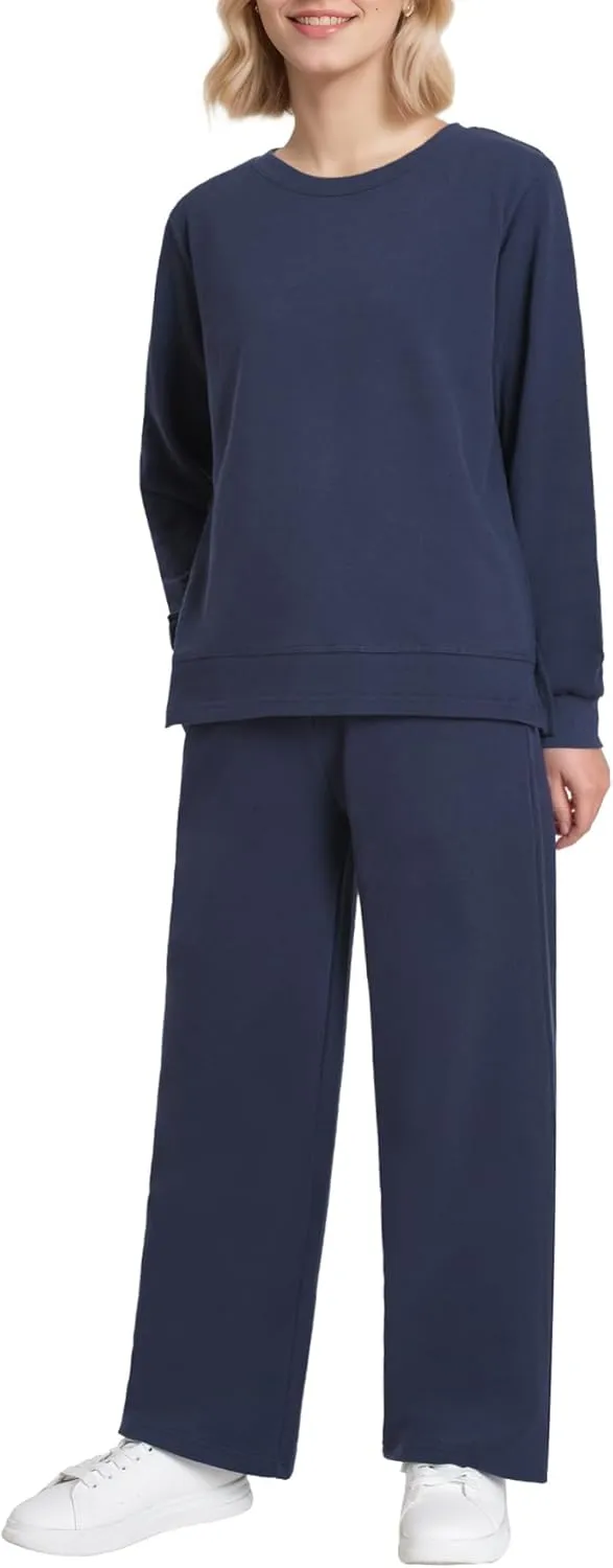 Weintee Women's Petite Sweatsuits Side Slit Sweatshirt and Sweatpants Sets Wide Leg Jogging Suits