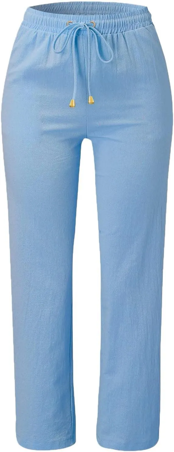 White Linen Pants Women Plus Size Wide Leg Pants Summer Relax Fit Elastic Waist Women's Summer Linen Pants Casual Work Pants