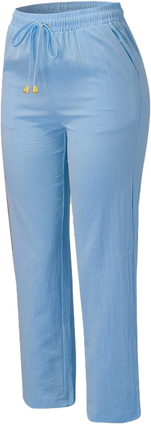 White Linen Pants Women Plus Size Wide Leg Pants Summer Relax Fit Elastic Waist Women's Summer Linen Pants Casual Work Pants