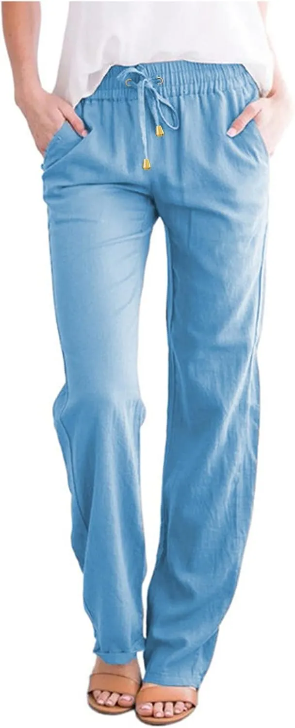 White Linen Pants Women Plus Size Wide Leg Pants Summer Relax Fit Elastic Waist Women's Summer Linen Pants Casual Work Pants