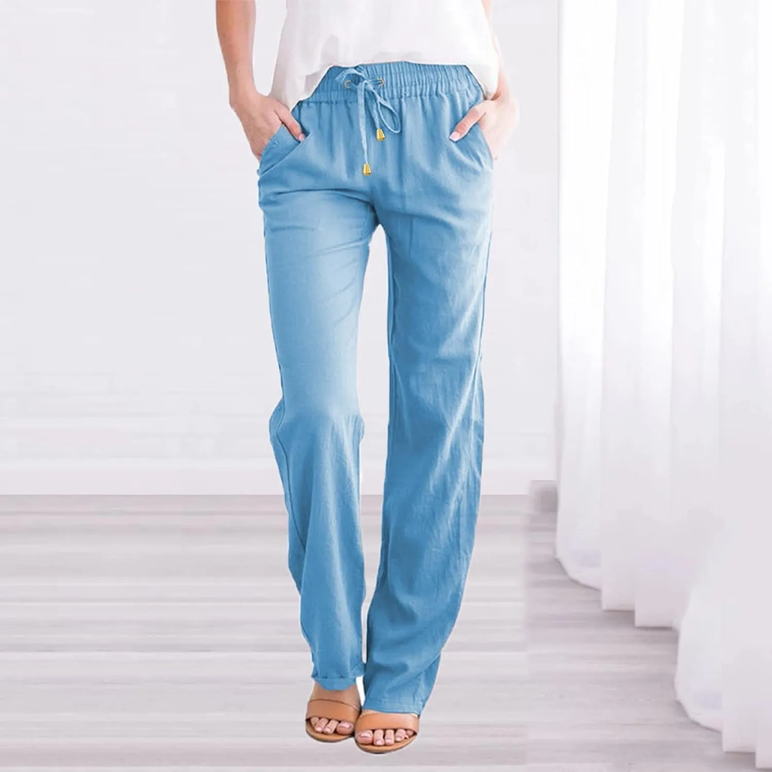 White Linen Pants Women Plus Size Wide Leg Pants Summer Relax Fit Elastic Waist Women's Summer Linen Pants Casual Work Pants