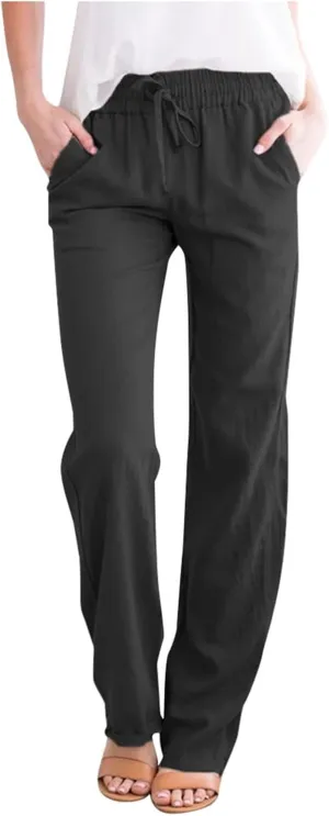 White Linen Pants Women Wide Leg Dress Pants Summer Relax Fit Elastic Waist Women's Cotton Linen Casual Beach Long Pants