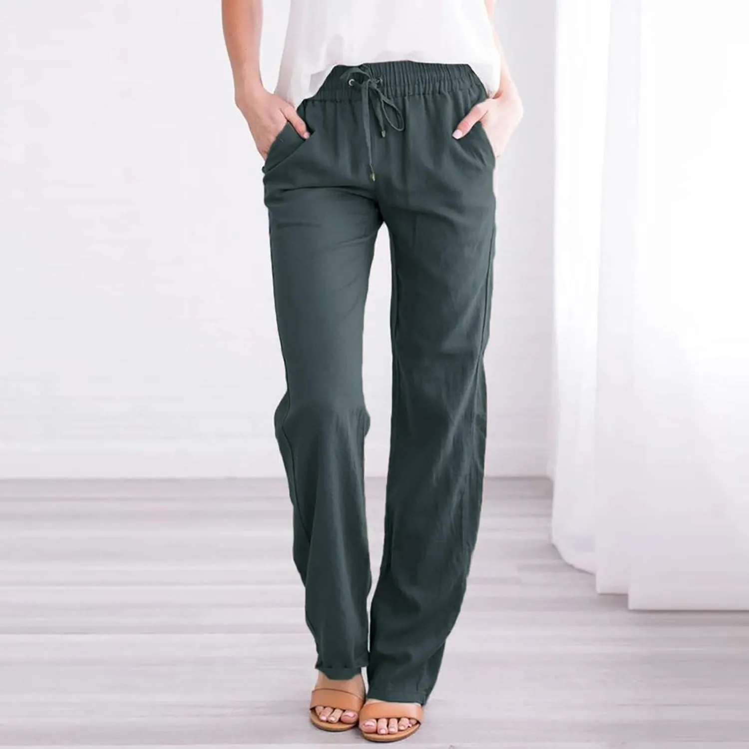 White Linen Pants Women Wide Leg Dress Pants Summer Relax Fit Elastic Waist Women's Cotton Linen Casual Beach Long Pants
