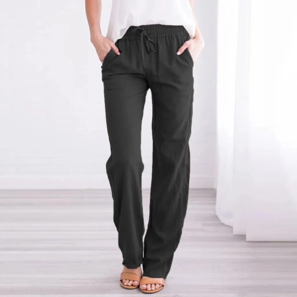 White Linen Pants Women Wide Leg Dress Pants Summer Relax Fit Elastic Waist Women's Cotton Linen Casual Beach Long Pants