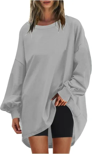 Wkishenl Oversized Long Sweatshirts for Women 2024 Casual Fall Shoulder Tops Loose Long Sleeve Crewneck Pullover Solid Dressy