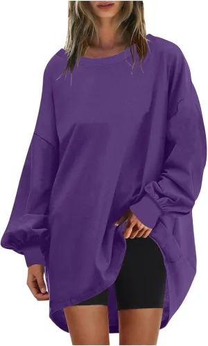 Wkishenl Oversized Long Sweatshirts for Women 2024 Casual Fall Shoulder Tops Loose Long Sleeve Crewneck Pullover Solid Dressy