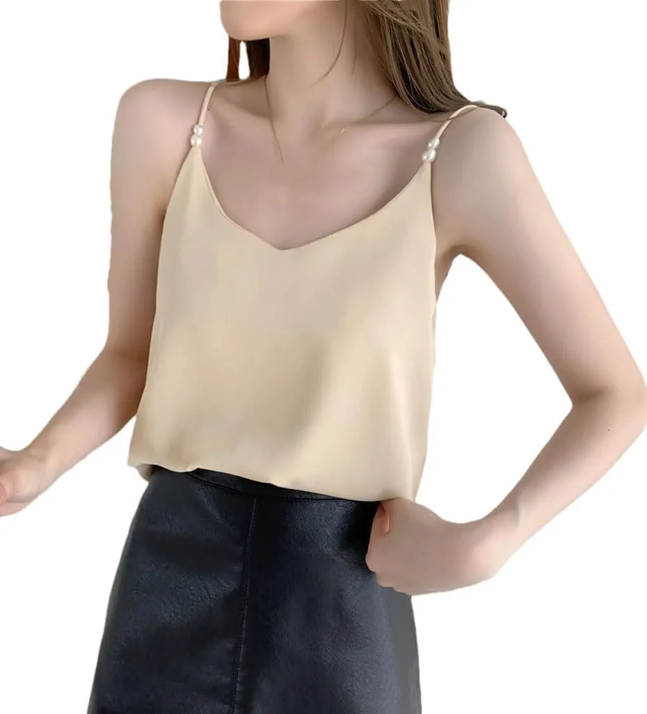 Woman Pearls Sleeveless Casual T-Shirt Summer Office Lady Elegant Camisole Vacation Beach Vest