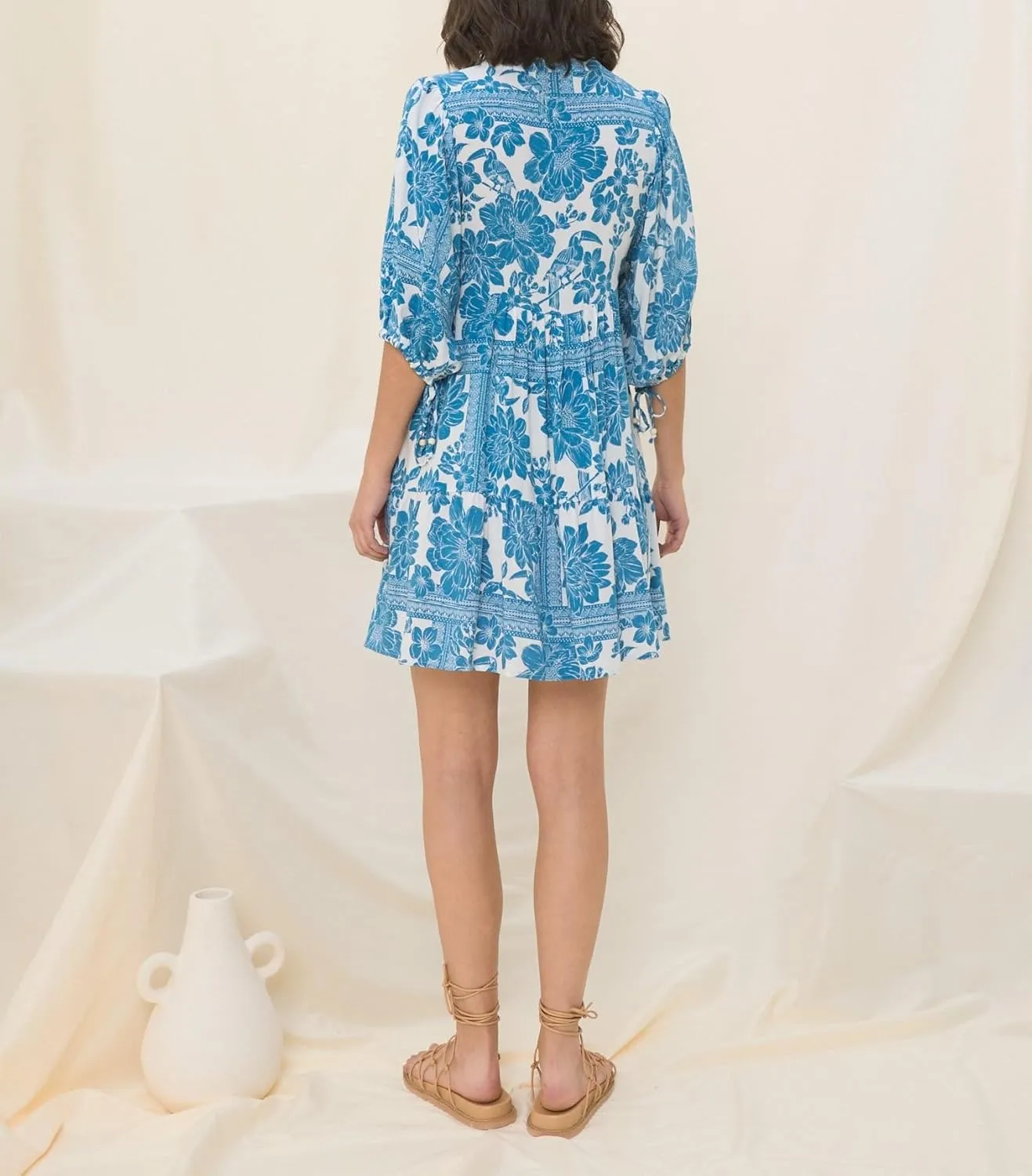 Women Boho Button Down Mini Dress Puff Sleeve Floral Print Shirt Dress Summer Loose Swing Flowy Short Sundress