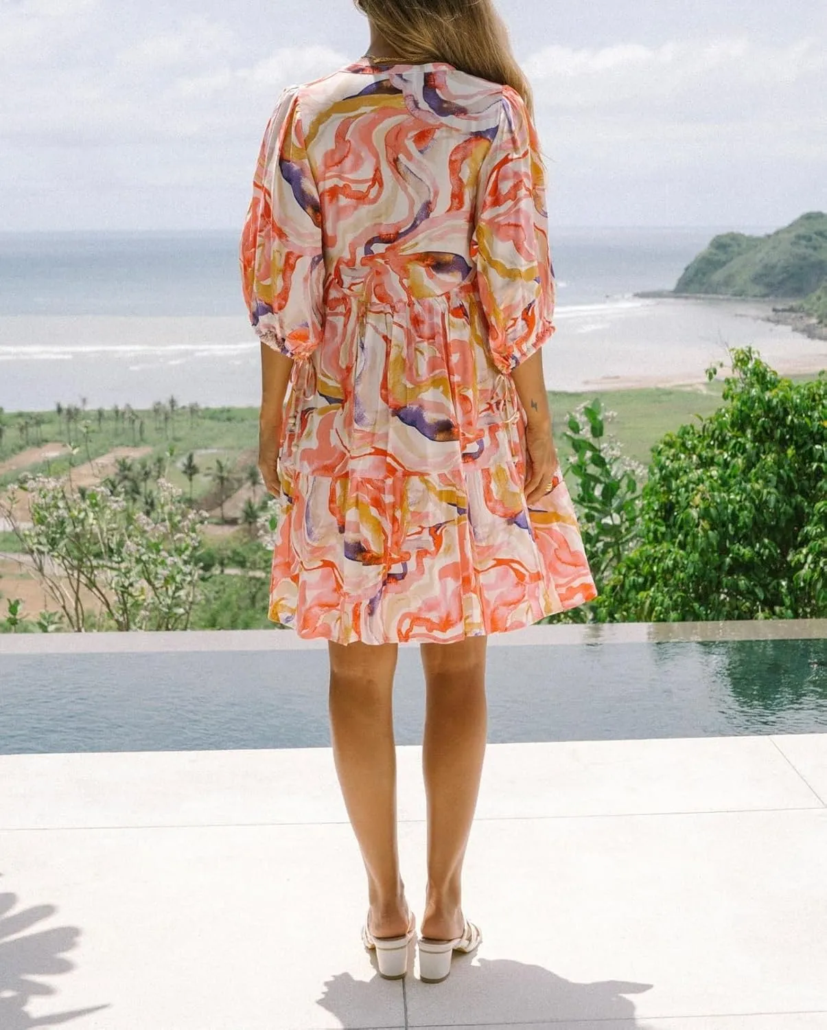 Women Boho Button Down Mini Dress Puff Sleeve Floral Print Shirt Dress Summer Loose Swing Flowy Short Sundress