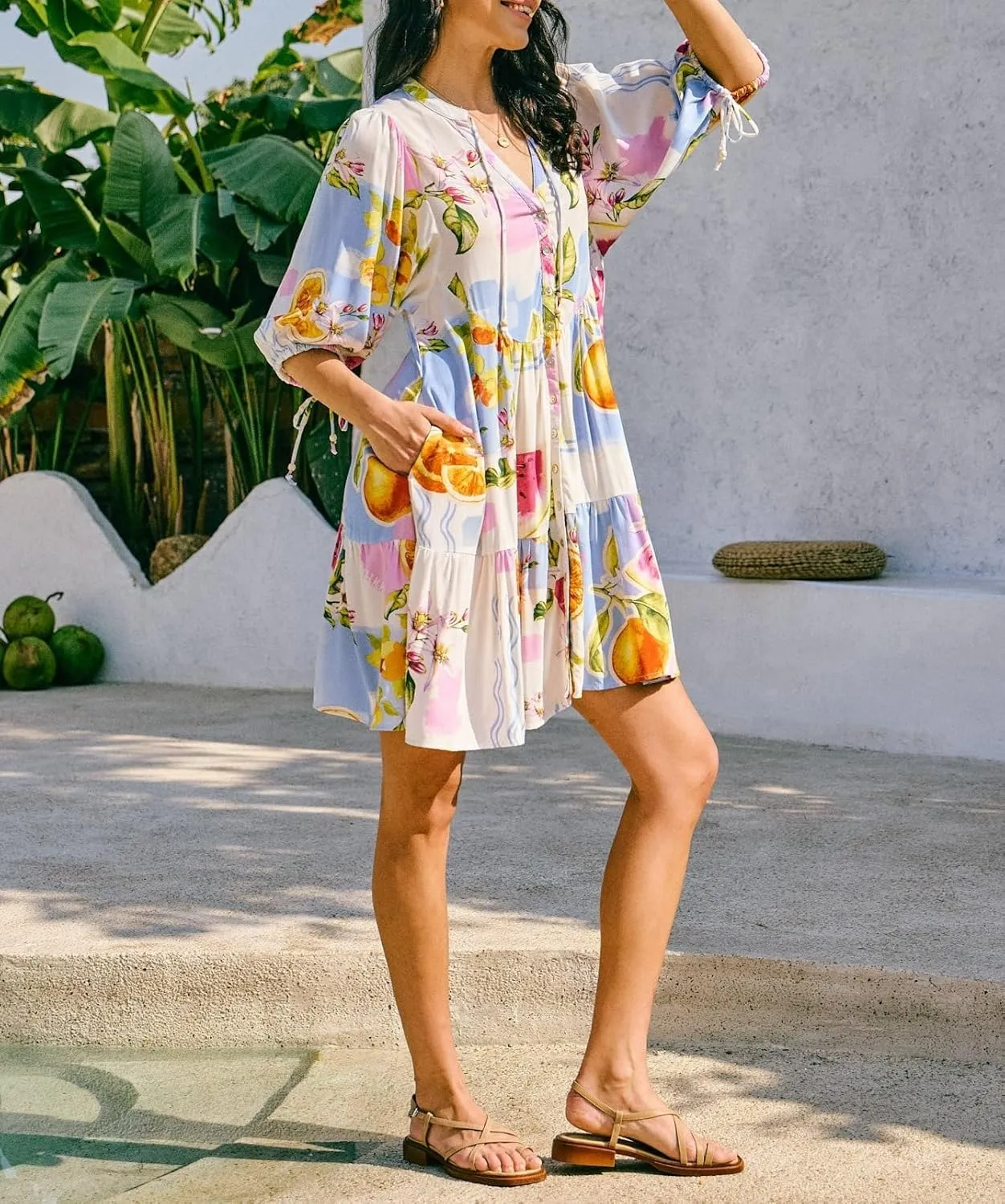 Women Boho Button Down Mini Dress Puff Sleeve Floral Print Shirt Dress Summer Loose Swing Flowy Short Sundress