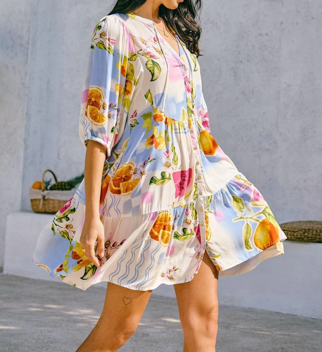 Women Boho Button Down Mini Dress Puff Sleeve Floral Print Shirt Dress Summer Loose Swing Flowy Short Sundress