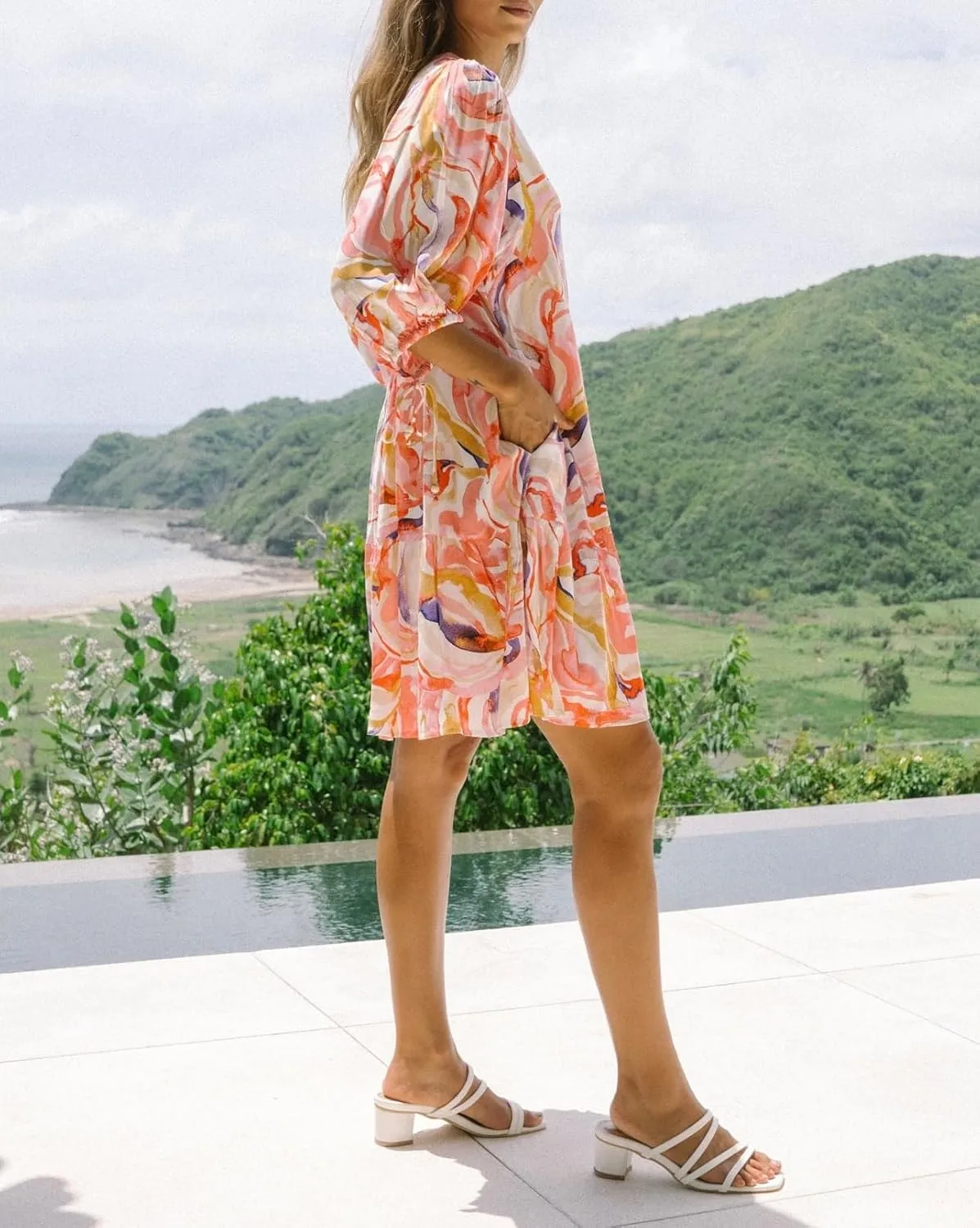 Women Boho Button Down Mini Dress Puff Sleeve Floral Print Shirt Dress Summer Loose Swing Flowy Short Sundress