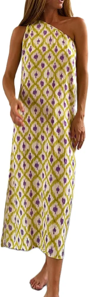 Women Boho Floral Midi Dress Summer Tie One Shoulder Casual Sundress Loose Fit Flowy Beach Vocation Long Dress