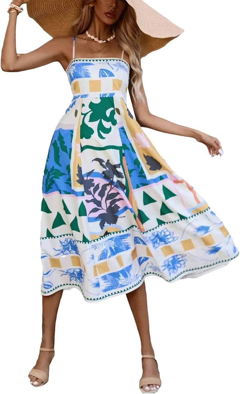 Women Boho Graphic Print Maxi Cami Dress Spaghetti Strap Tropical Long Dress Flowy Summer Vacation Beach Dress