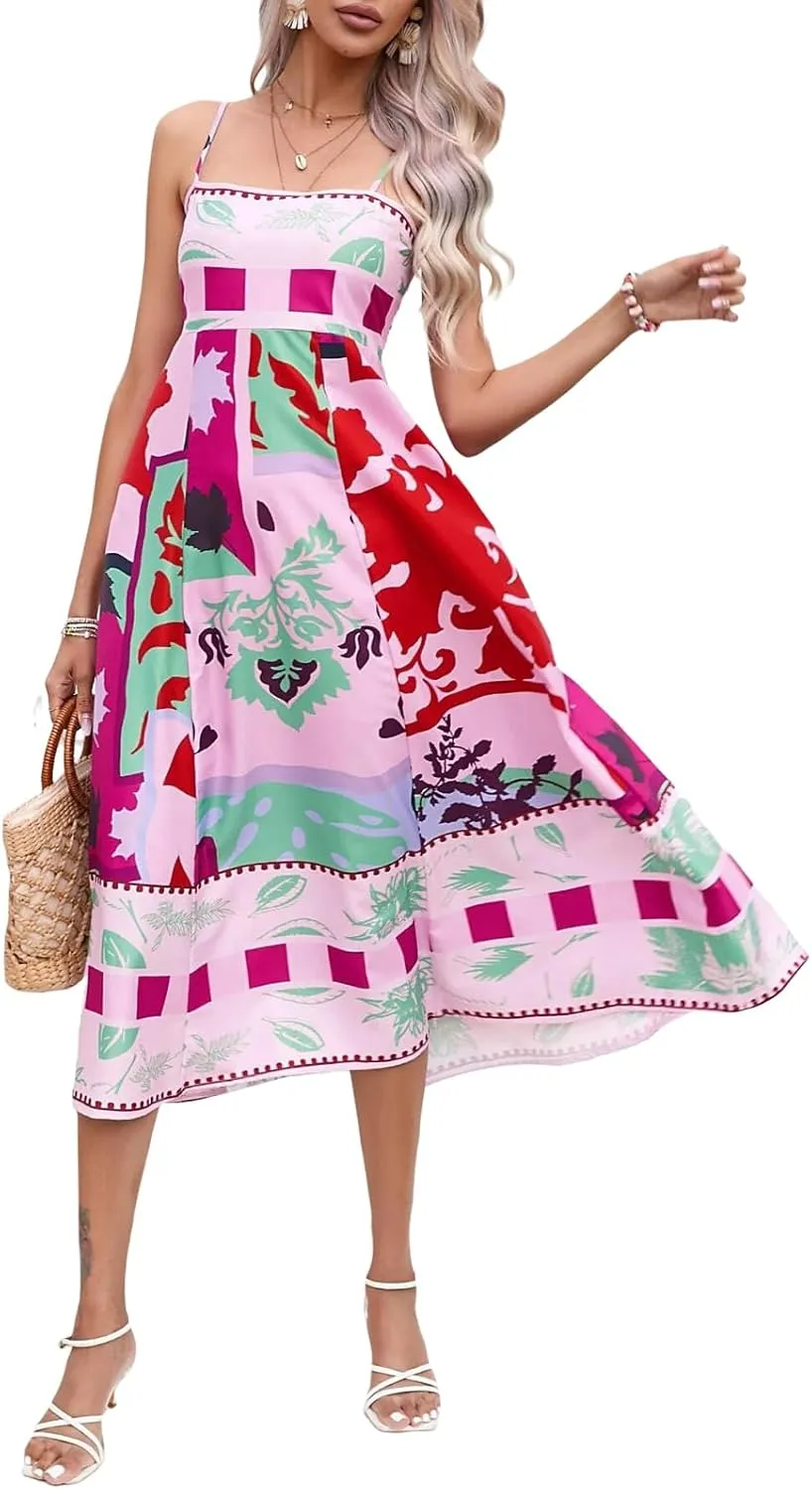 Women Boho Graphic Print Maxi Cami Dress Spaghetti Strap Tropical Long Dress Flowy Summer Vacation Beach Dress