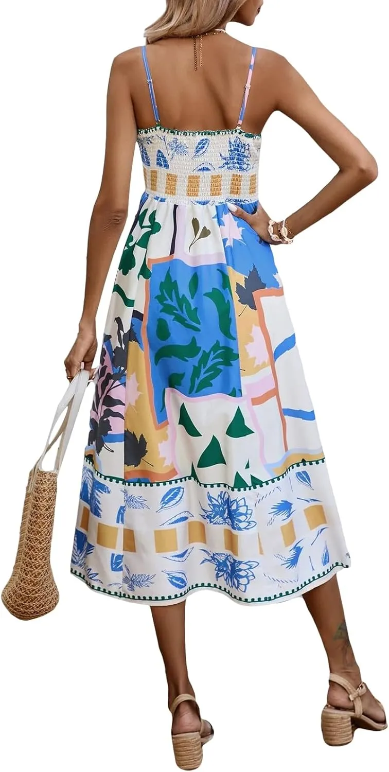 Women Boho Graphic Print Maxi Cami Dress Spaghetti Strap Tropical Long Dress Flowy Summer Vacation Beach Dress