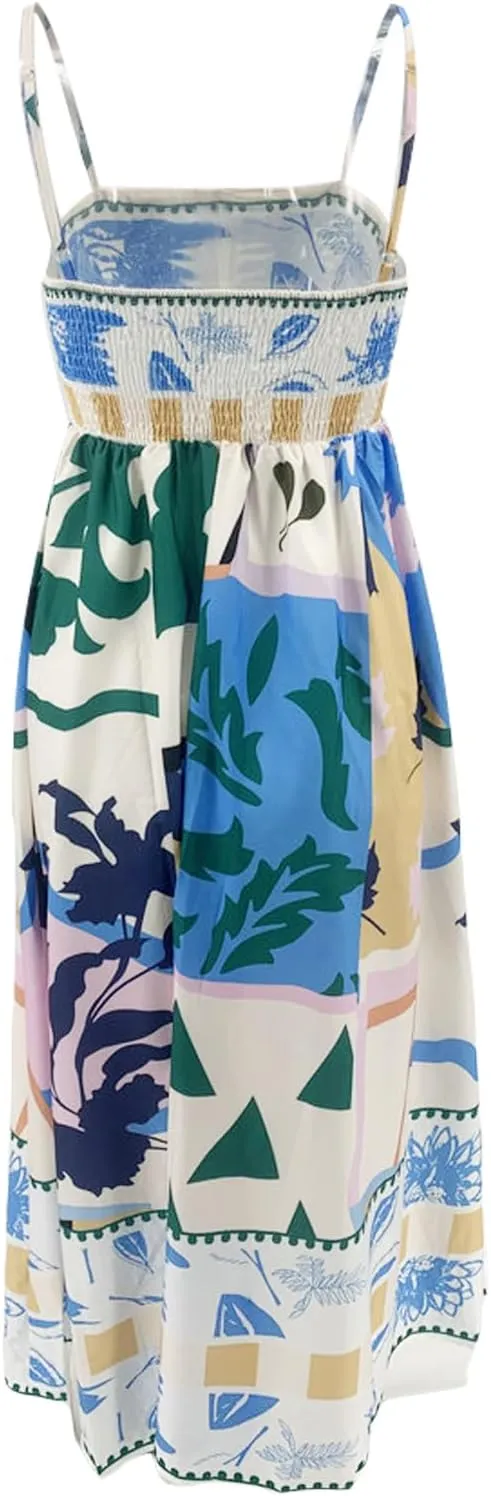 Women Boho Graphic Print Maxi Cami Dress Spaghetti Strap Tropical Long Dress Flowy Summer Vacation Beach Dress