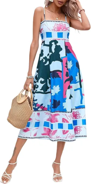 Women Boho Graphic Print Maxi Cami Dress Spaghetti Strap Tropical Long Dress Flowy Summer Vacation Beach Dress