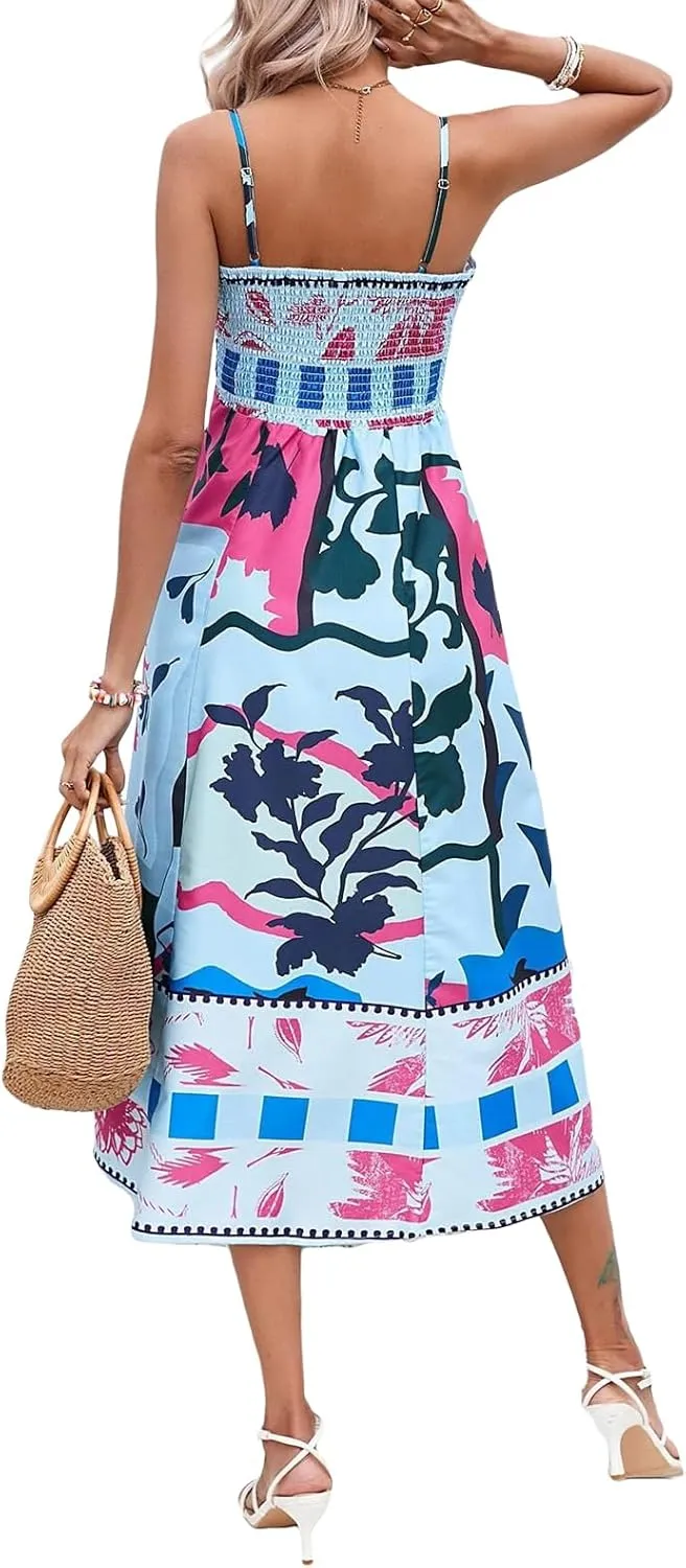 Women Boho Graphic Print Maxi Cami Dress Spaghetti Strap Tropical Long Dress Flowy Summer Vacation Beach Dress