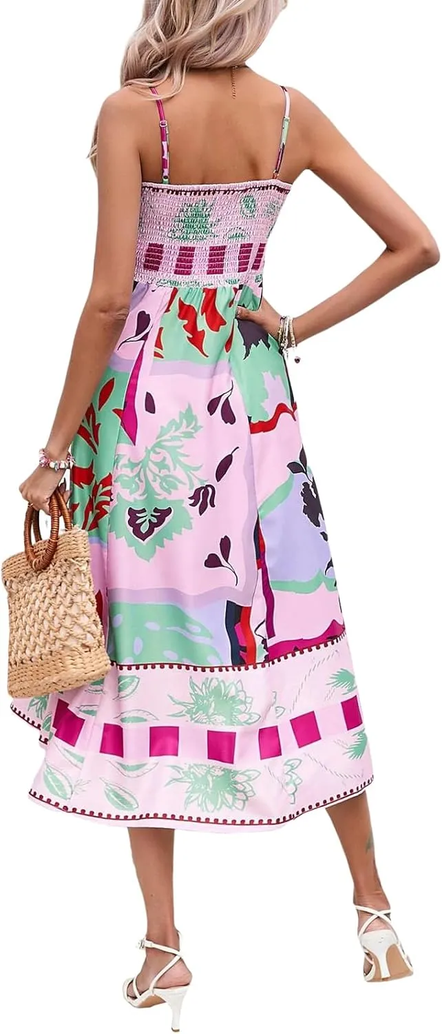 Women Boho Graphic Print Maxi Cami Dress Spaghetti Strap Tropical Long Dress Flowy Summer Vacation Beach Dress