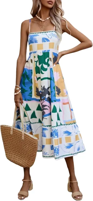Women Boho Graphic Print Maxi Cami Dress Spaghetti Strap Tropical Long Dress Flowy Summer Vacation Beach Dress