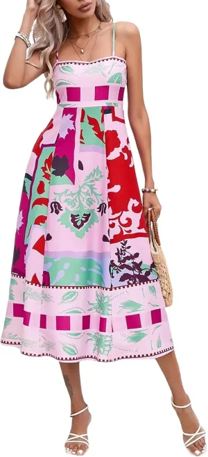 Women Boho Graphic Print Maxi Cami Dress Spaghetti Strap Tropical Long Dress Flowy Summer Vacation Beach Dress