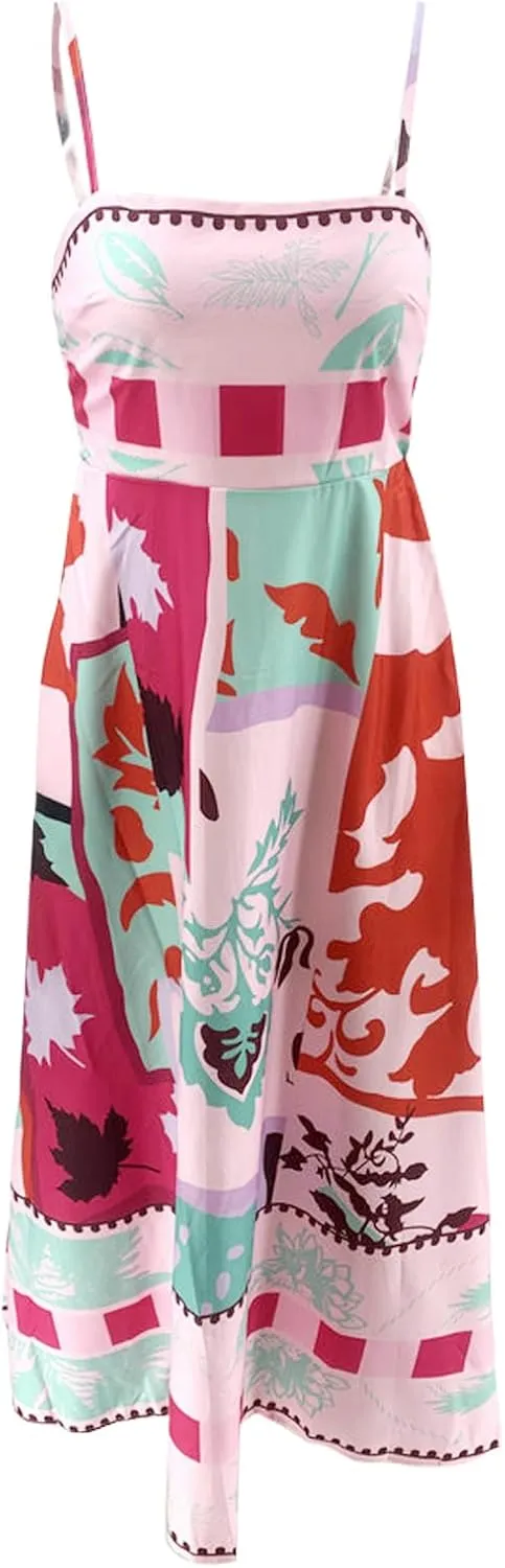 Women Boho Graphic Print Maxi Cami Dress Spaghetti Strap Tropical Long Dress Flowy Summer Vacation Beach Dress